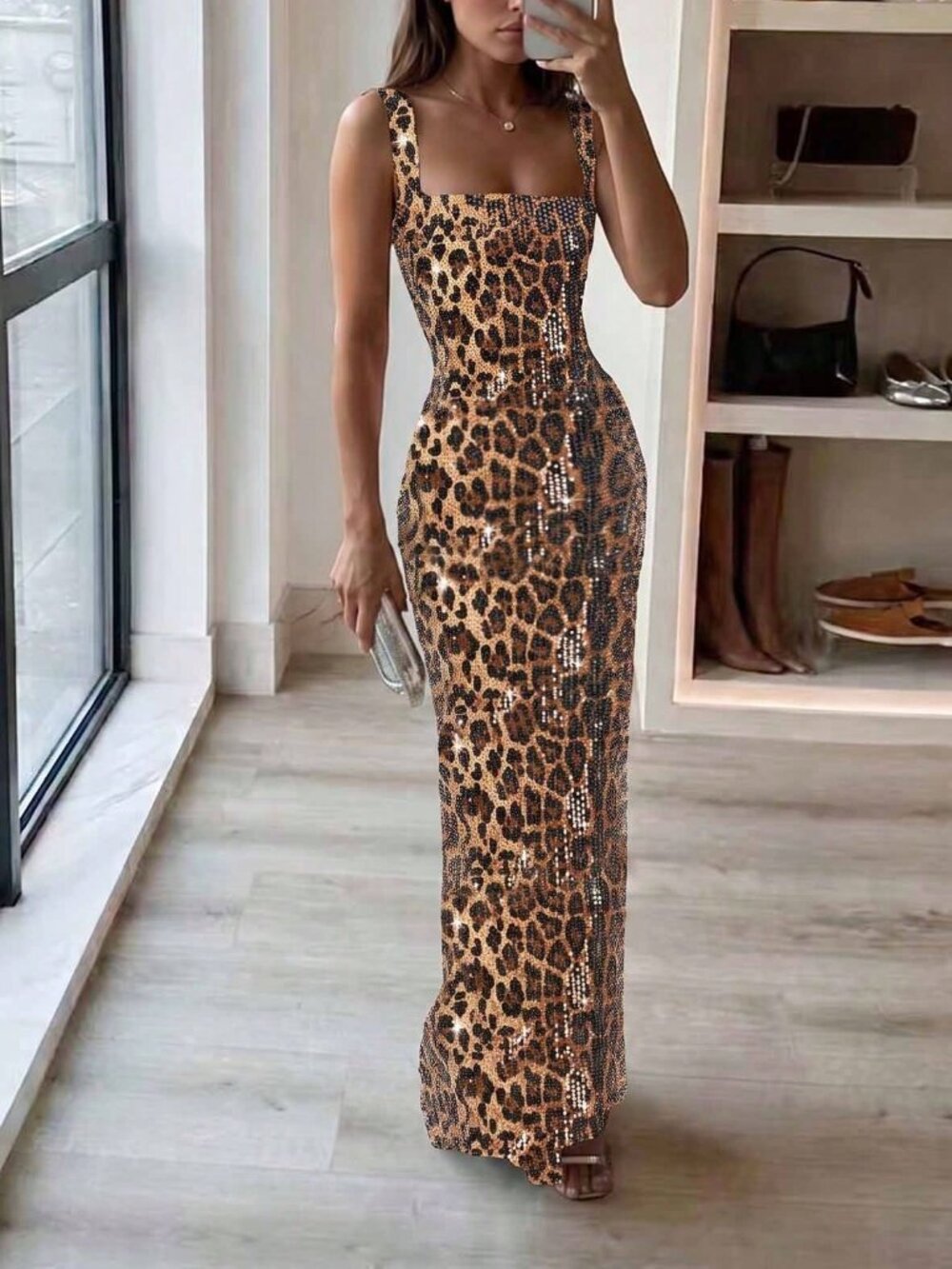 Brown Party Women's High Waist Square Neck Backless Long Slit Sequin Cami Dress
